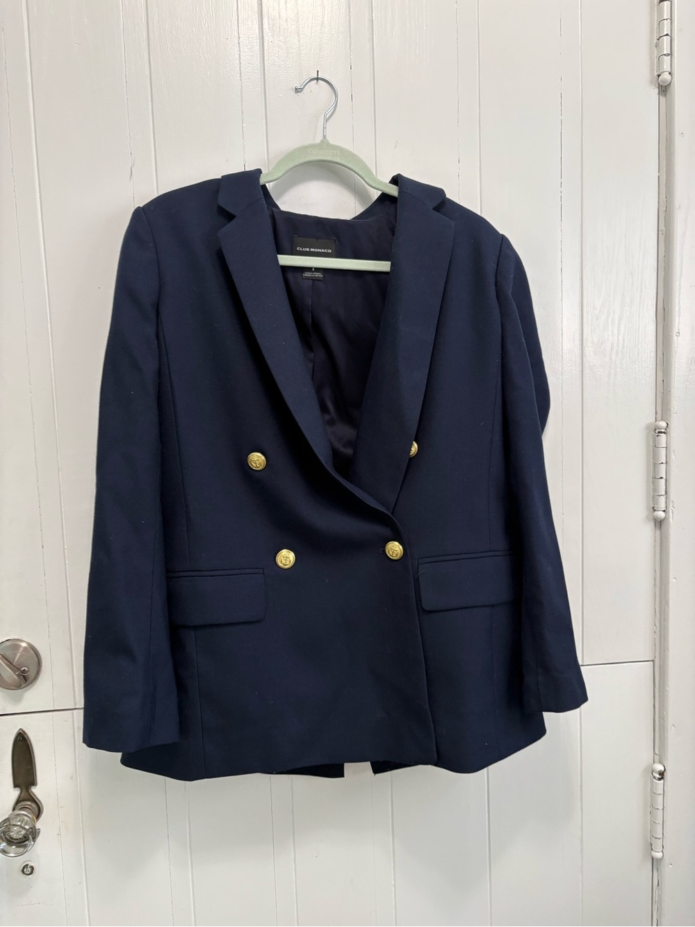 Club Monaco Double-Breasted Navy Blazer with Gold Buttons